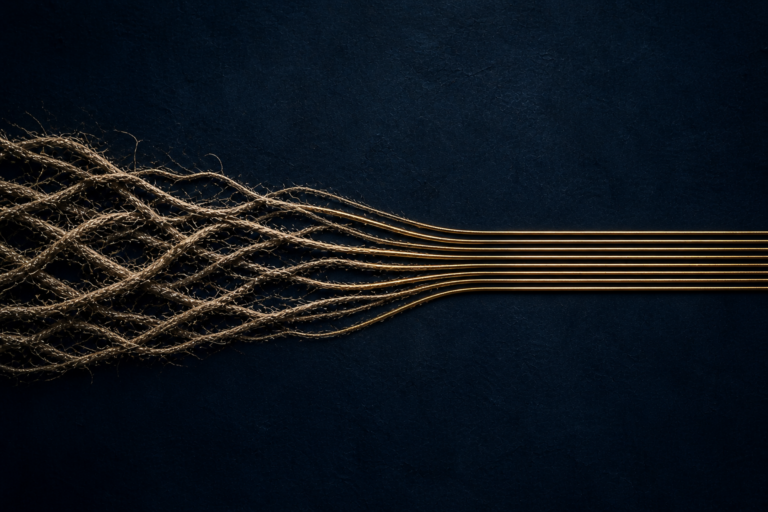 Frayed, chaotic strands coming together into aligned gold lines, representing clarity and structured communication