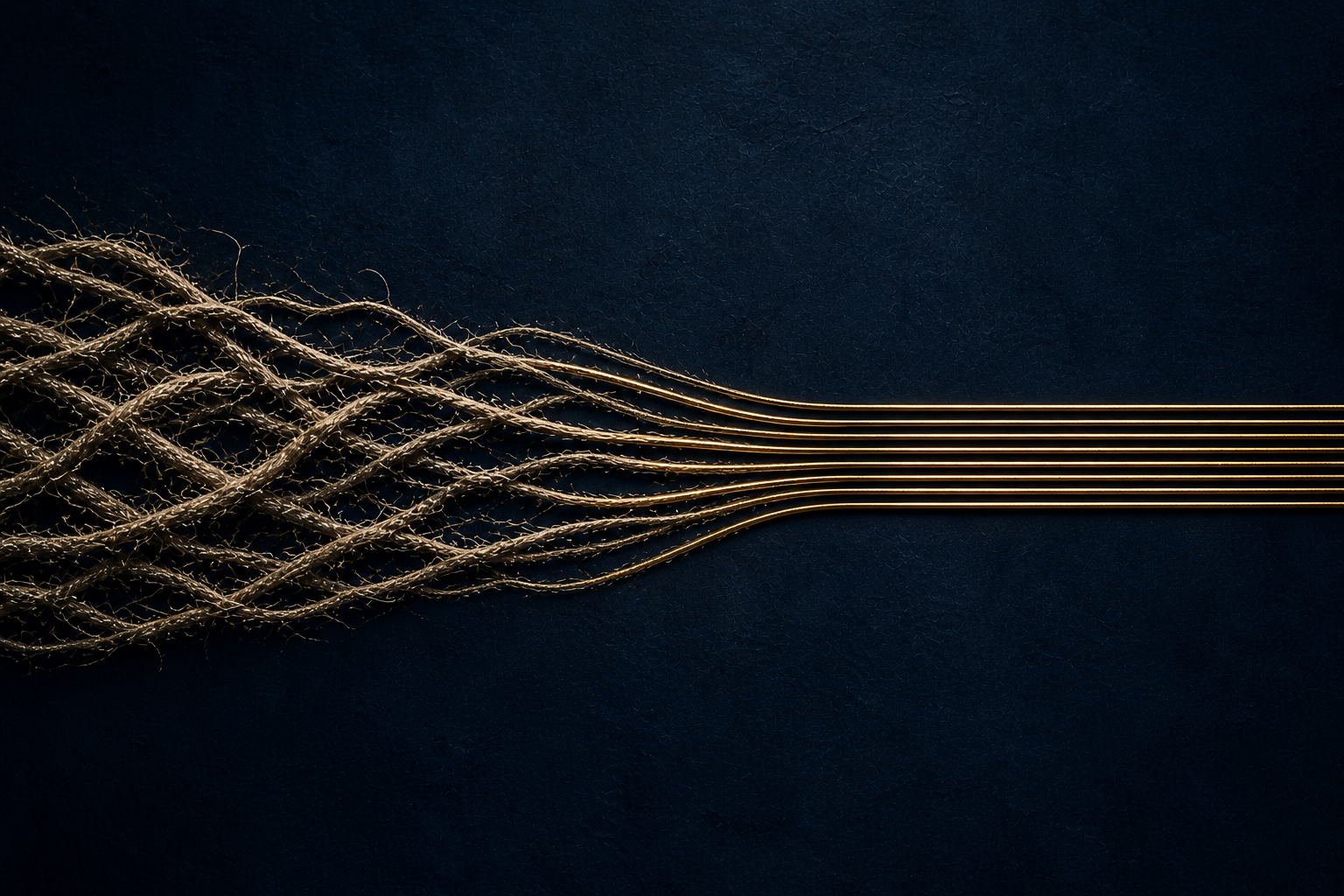 Frayed, chaotic strands coming together into aligned gold lines, representing clarity and structured communication