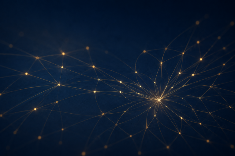 Interconnected network of glowing nodes representing engagement, connection, and shared communication