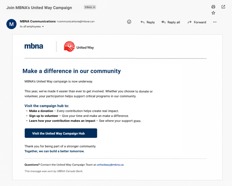 Internal campaign launch email created for MBNA Canada’s United Way campaign to introduce participation options and encourage employee engagement.